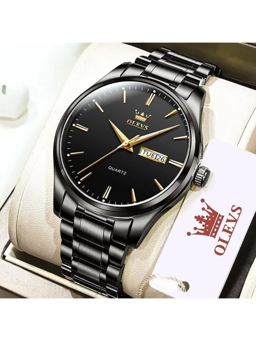 Men's Black Stainless Steel Solid Luminous Quartz Waterproof Round Classic Watch